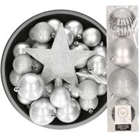 Decoris kerstballen 37x stuks zilver 5-6-8-10 cm met ster piek kunststof Decoris kerstballen 37x stuks zilver 5-6-8-10 cm met ster piek kunststof