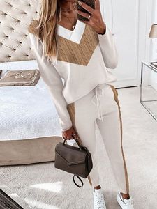 V Neck Loose Casual Plain Color-block Two-Piece Set