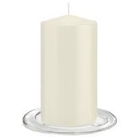 Trend Candles - Stompkaarsen met glazen onderzetters set van 2x stuks - ivoor wit 8 x 15 cm - Stompkaarsen