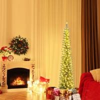 180/210 cm Kunstkerstboom Voorverlichte Kerstboom 390/499 Takken 180/200 Warmwitte LED-Lampjes Potloodvormige Boom Groen