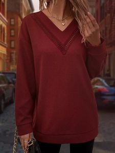 Lace Casual V neck Long sleeve Loose Tunic Sweatshirt