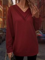 Lace Casual V neck Long sleeve Loose Tunic Sweatshirt - thumbnail