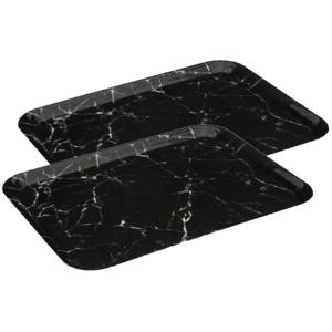 Dienblad/serveer tray Marble - Set van 2x stuks - Melamine - zwart - 33 x 43 cm - rechthoek