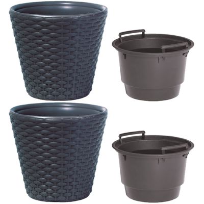 Set van 2x kunststof Rato rotan bloempotten/plantenpotten antraciet 12 liter met binnenpot 8 liter