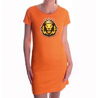 Leeuwenkop met kroon koningsdag/ EK/ WK jurkje oranje voor dames - thumbnail