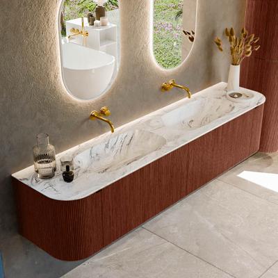 Badmeubel Mondiaz Kurve-Dlux | 200 cm cm | Meubelkleur Ruby | Wastafelkleur Glace | Solid surface | Wasbak beiden zijden spoelbak | Zonder kraangat(en)