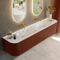Badmeubel Mondiaz Kurve-Dlux | 200 cm cm | Meubelkleur Ruby | Wastafelkleur Glace | Solid surface | Wasbak beiden zijden spoelbak | Zonder kraangat(en)