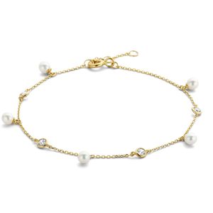 Armband geelgoud-zirconia-zoetwaterparel wit 16-18 cm