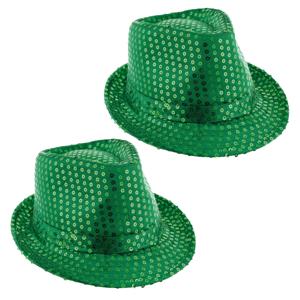 Carnaval verkleed hoedje - 2x - Trilby - groen - glitter pailletten - heren/dames - Carnaval