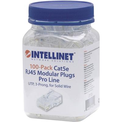 Intellinet Kabel Intellinet verpakking van 100 stuks Cat5e modulaire RJ45-stekkers Pro Line UTP 3-voudige klem voor massieve draad 100 stekkers in pot 50 μ