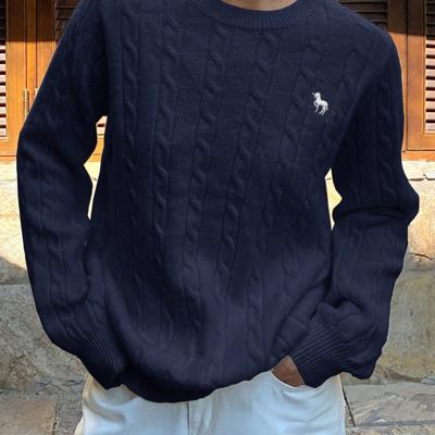 Bon&Bon Women's Navy Blue Polo Collar Cable-Knit Embroidered Sweater Navy Blue / S