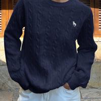 Bon&Bon Women's Navy Blue Polo Collar Cable-Knit Embroidered Sweater Navy Blue / S