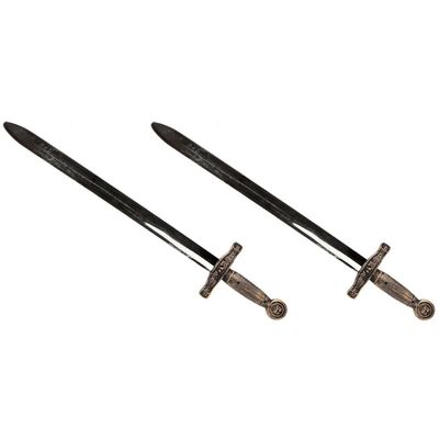 2x Speelgoed ridder verkleed zwaard goud/zilver 63 cm