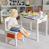 Kindertafel en Stoelenset Opklapbaar Bureau met Stoel Massief Houten Activiteitentafelset met Veiligheidsscharnier Uittrekbare Lade Wit