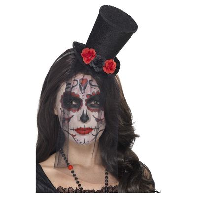 Horror haarband/diadeem day of the dead met mini hoge hoed