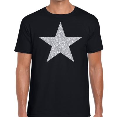 De Ster van de show - verkleed t-shirt - zwart - met zilveren ster in glitters - heren - glamour