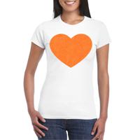 Verkleed T-shirt voor dames - hartje - wit - oranje glitter - carnaval/themafeest - thumbnail