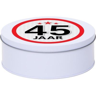 Leeftijd Snoeptrommel - koektrommel Cadeau - wit - rond blik - met 45 jaar sticker Leeftijd Snoeptrommel - koektrommel Cadeau - wit - rond blik - met 45 jaar sticker