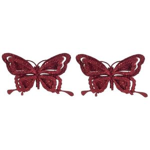 2x Kerst decoratie vlinders bordeaux rood 14 x 10 cm