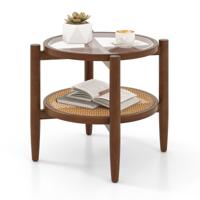 Ronde Houten Bijzettafel Eindtafel met Gehard Glazen Bovenblad Rotan PE Stijlvol Ontwerp Kleine Salontafel 56 x 56 x 46 cm