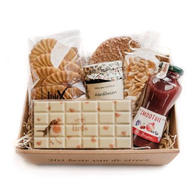 Het beste van de streek cadeaubox klein met koekjes, chocolade en smoothie