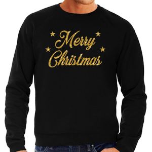 Kersttrui Merry Christmas gouden glitter letters zwart heren