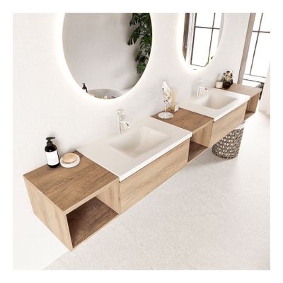 Mondiaz Bukla 280cm badmeubel met open module 40 L+M+R kleur washed oak 2 lades wastafel dubbel 2 kraangaten kleur talc