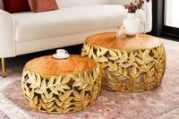 Ronde set van 2 salontafels ABSTRACT LEAF 70cm natuurlijk goud massief hout acacia metalen bladontwerp - 43818