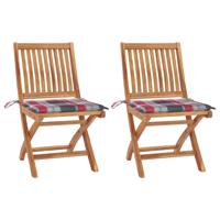 Tuinstoelen 2 st met rood geruite kussens massief teakhout