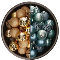 74x stuks kunststof kerstballen mix van goud en ijsblauw 6 cm - Kerstbal - thumbnail