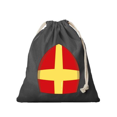 1x Sinterklaas cadeauzak zwart Mijter Sinterklaas met koord voor pakjesavond als cadeauverpakking