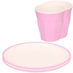 Set van 12x onbreekbare kunststof/melamine roze ontbijt bordjes/bekers