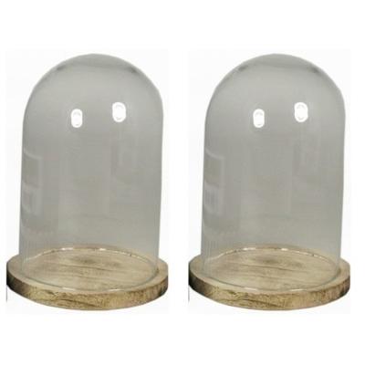 Sier stolp op houten plateau - 2x - decoratie stolp - 22 cm - Home Deco stolpen