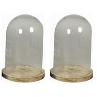 Sier stolp op houten plateau - 2x - decoratie stolp - 22 cm - Home Deco stolpen
