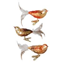 Decoratie vogels - 3x stuks - op clip - bruin tinten - 11 cm - glas - decoratievogeltjes