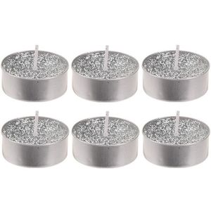 6x Zilveren glitter waxinelichtjes/theelichtjes 6 cm