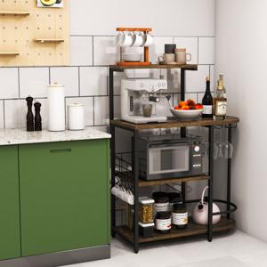 Keukenrek voor Magnetron Magnetronrek op Wieltjes Staand Rek met 6 S-Haken en Glazen Houder Keukenwagen Huishoudelijk Rek Bruin