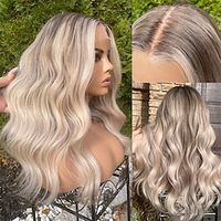 platina asblonde lace front menselijk haar pruiken 13x4 lace frontale pruik donkerblonde wortels pre geplukt 130%/150%/180% dichtheid lange golvende pruik voor vrouwen Lightinthebox