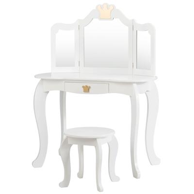 Kaptafel en Kruk voor Kinderen met Inklapbare Spiegel en Lade Houten kaptafelset met 3 Accessoires & Schattige Kroonpatronen Wit