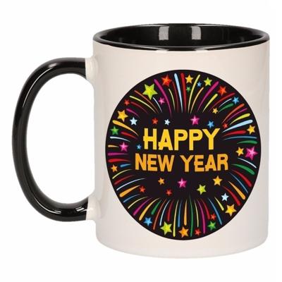 Happy New Year mok - zwart/wit - keramiek - 300 ml - oud en nieuw beker