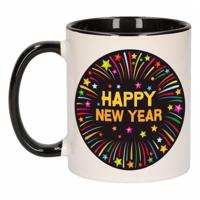 Happy New Year mok - zwart/wit - keramiek - 300 ml - oud en nieuw beker