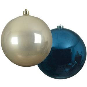 Grote decoratie kerstballen - 2x st - 20 cm- champagne en donkerblauw -kunststof