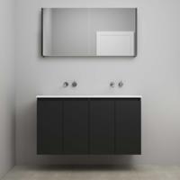 On-Line Badkamermeubelset - 120 cm - Bouwpakket - Greeploos 4 Deuren - Acryl Wastafel - zonder Kraangat - Spiegelkast - Mat Zwart