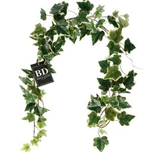 Bellatio Design kunstplant/hangplant slinger - Klimop/hedera - groen/wit - 180 cm