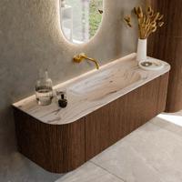 Badmeubel Mondiaz Kurve-Dlux | 140 cm | Meubelkleur Walnut | Wastafelkleur Nata | Solid surface | Wasbak midden spoelbak | Zonder kraangat(en)