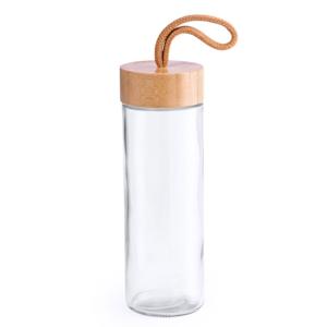 Waterfles/drinkfles - transparant - 420 ml - glas - bamboe dop - drinkfles - sportfles