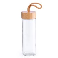 Waterfles/drinkfles - transparant - 420 ml - glas - bamboe dop - drinkfles - sportfles