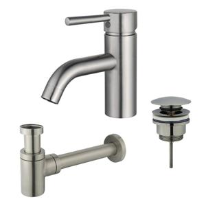 Fortifura Calvi Wastafelkraanset - lage wastafelkraan - klikwaste plug - verlaagde design sifon - Geborsteld RVS PVD (RVS) SW377856/SW696201/SW696217