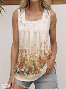 Casual Square Neck Loose Floral Tank Top