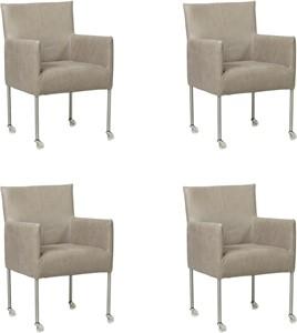 Set van 4 Lichtgrijze leren moderne kuipstoel Desire - poot rond rvs met wiel - Kenia Leer Lightgrey (lichtgrijs leer)